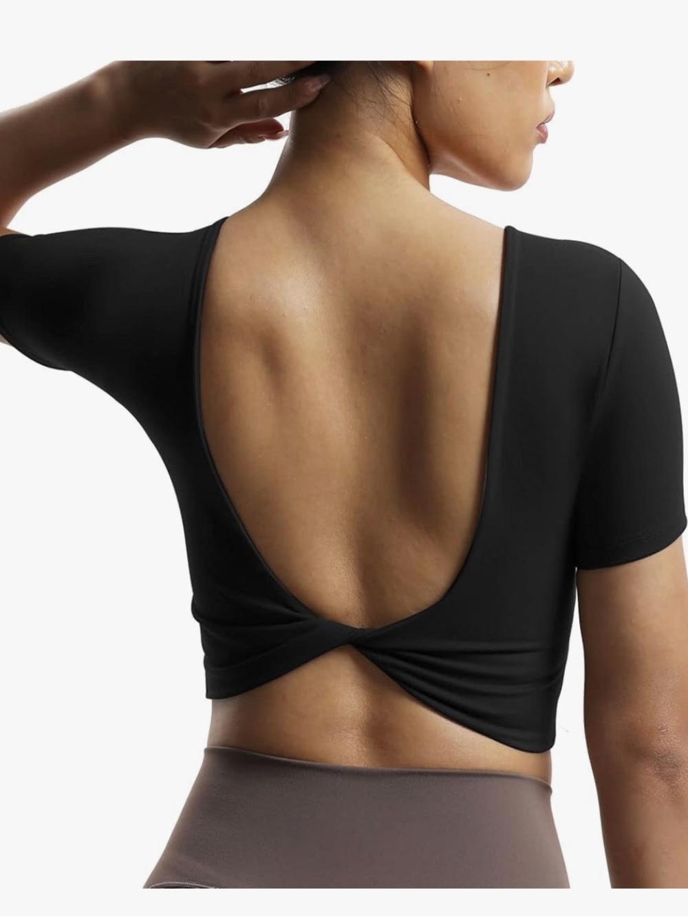 Women’s Black Short Sleeve Backless Twist Cropped Sexy Yoga Athletic Top - M